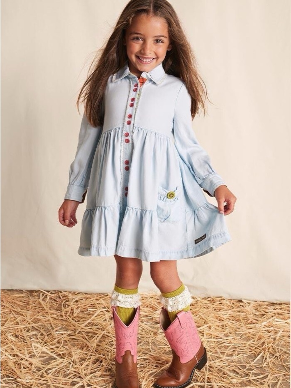 Matilda Jane - Heart to Heart Walk the Line Girls’ Chambray Tiered Dress Size 12